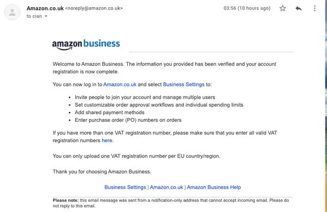 amazon business ireland approval mail. 