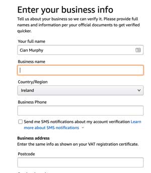 amazon business information form for Irish business